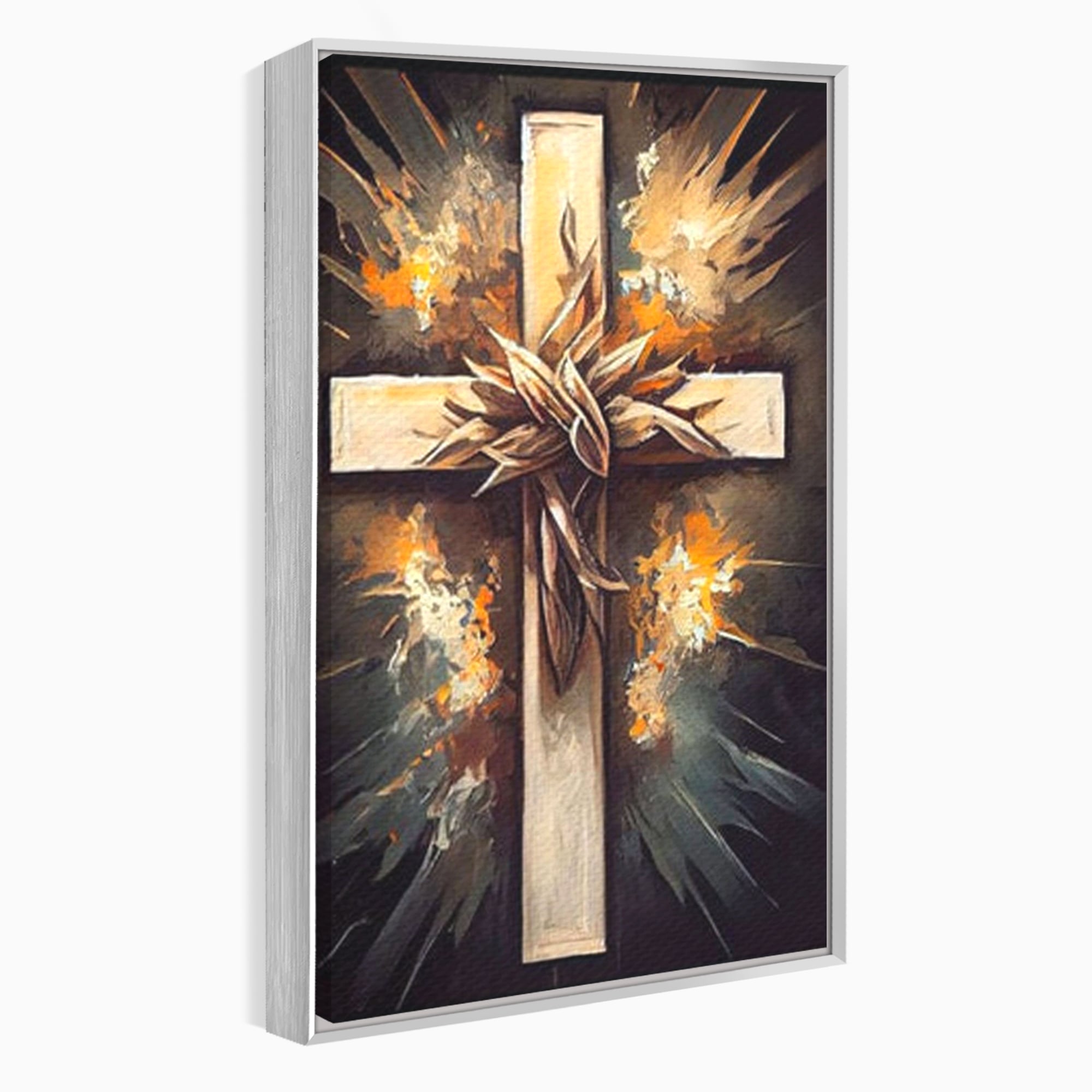 Tablou canvas cu tablou canvas cu o cruce si coroana de spini, in rama de aluminiu argintiu